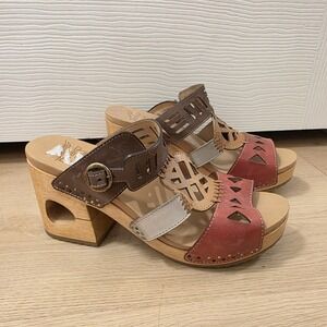 Dansko Multicolor Leather Wooden Cutout Brazil Oralee Heeled Sandals Size 8.5